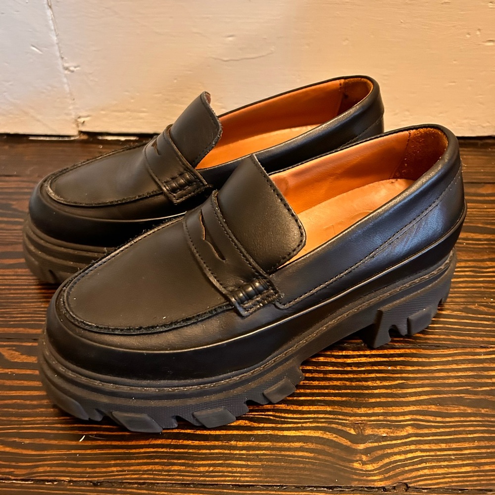 Ganni Chunky Loafers Size 37, 7- Black Lug Sole Penny Loafers